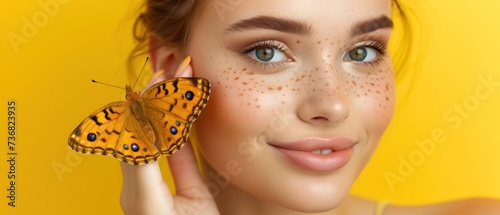 a woman with freckles on her face holding a butterfly in front of her face on a yellow background. photo