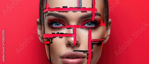 a close up of a woman's face with a piece of red tape on her face and a red background.