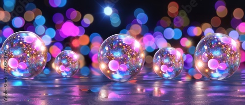 a group of soap bubbles sitting on top of a wet floor next to a wall of colorful lights in the background. photo