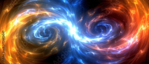 a computer generated image of two spirals of fire and blue and orange colors in the center of a black background.