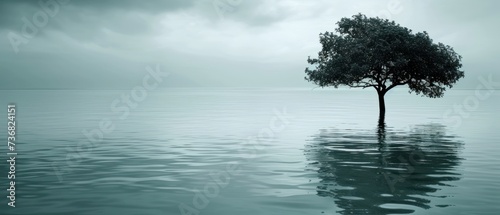 a lone tree in the middle of a body of water in the middle of a cloudy day with a dark sky in the background.