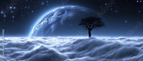 a picture of a tree in the middle of a cloud covered field with a star filled sky in the background.