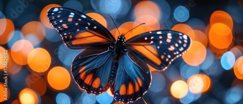 a close up of a butterfly on a flower with a blurry background of orange and blue lights in the background.