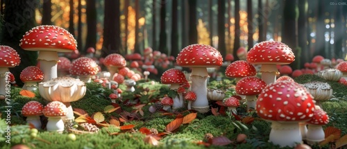 a group of red mushrooms in a forest of green grass and trees with white dots on the tops of them. photo