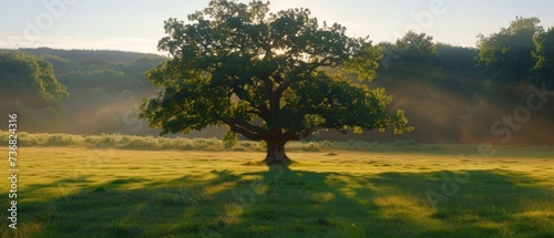 a tree in the middle of a field with the sun shining through the trees on the other side of the field.