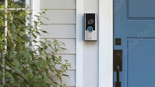 A photo of a smart doorbell with a builtin camera installed by a security system expert. The homeowners can now see who is at the door from their phone and even communicate