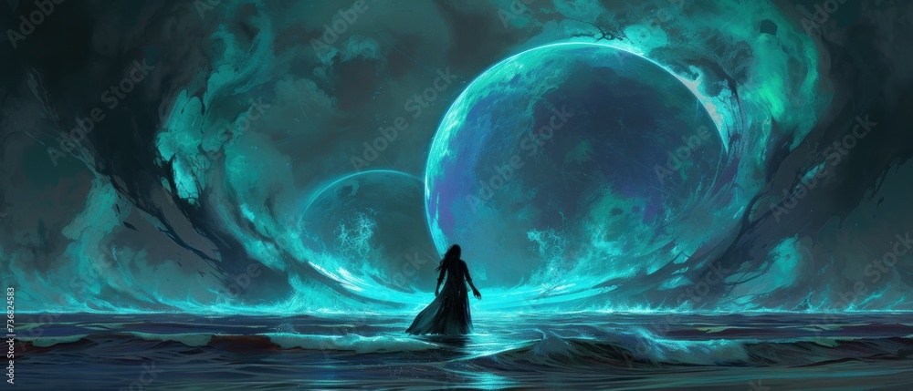 a painting of a person standing in a body of water in front of a giant, blue ball of water.