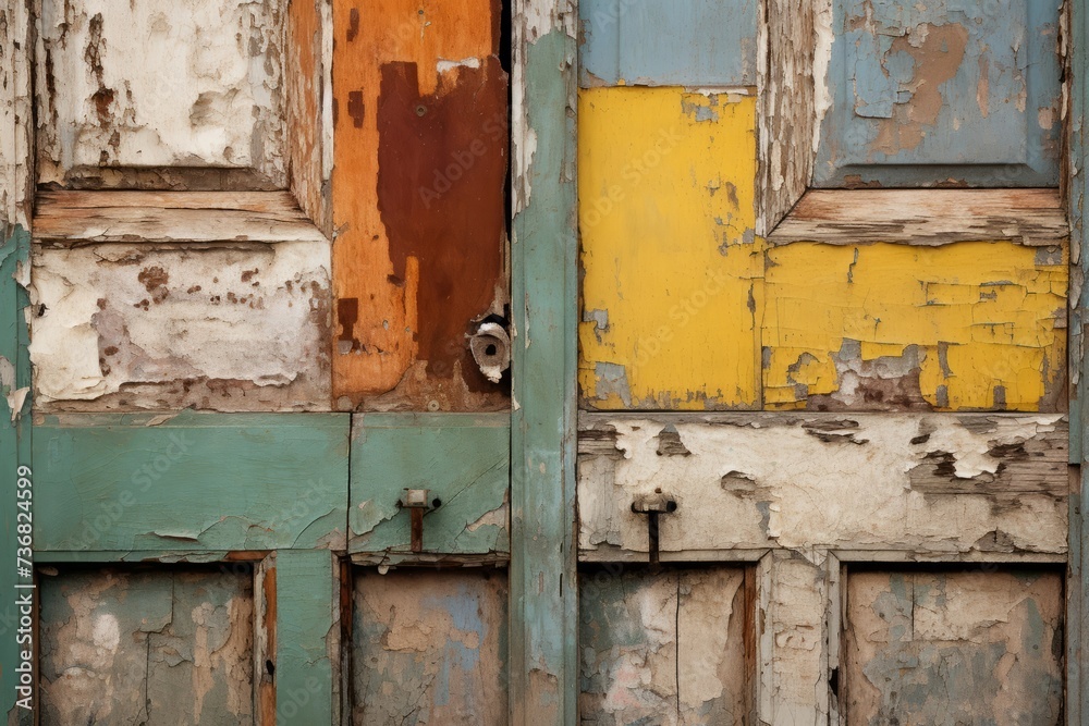 A Vibrant and Grungy Wooden Door, Adorned with Layers of Peeling Paint and Eclectic Colors, Generative AI