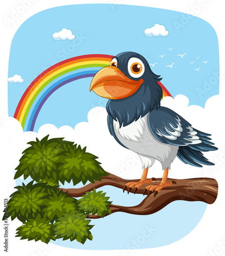 Cartoon bird perched on tree branch, rainbow background