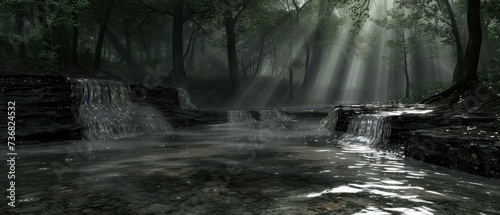a stream running through a lush green forest filled with lots of sunlight shining down on the trees and the water.