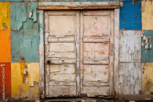 A Vibrant and Grungy Wooden Door, Adorned with Layers of Peeling Paint and Eclectic Colors, Generative AI © ManusiaIkan