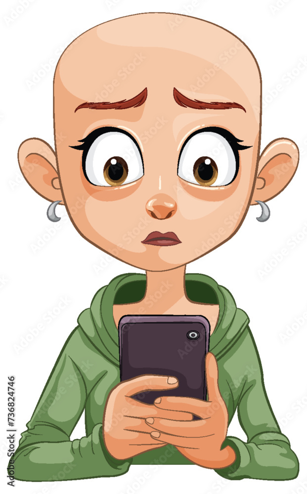 Bald cartoon character with wide eyes holding a smartphone Bald cartoon character with wide eyes holding a smartphone