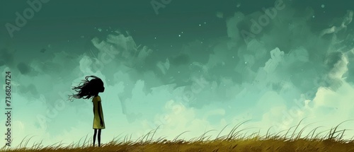 a painting of a girl standing in a field with her hair blowing in the wind in front of a cloudy sky.