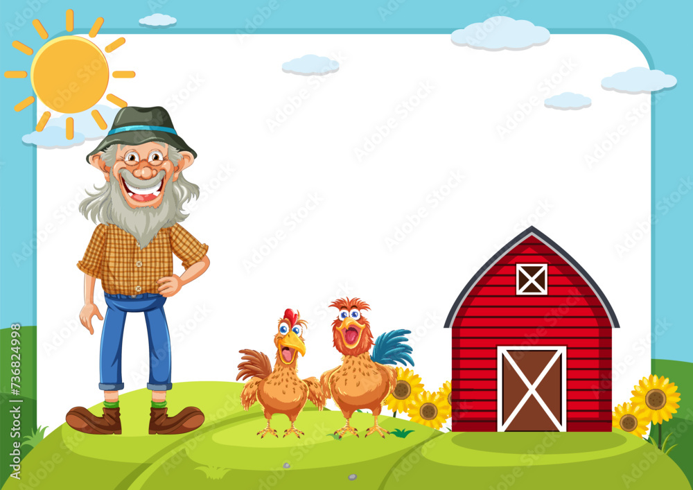 Fototapeta premium Cheerful farmer standing by chickens and a barn