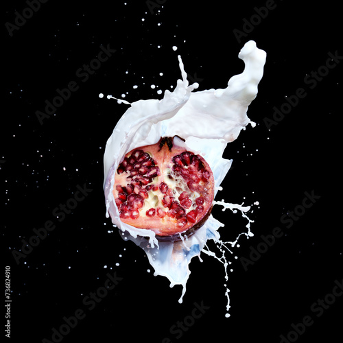 Pomegarnate splash in milk isolated on black background.