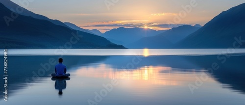 a person sitting in a lotus position in front of a body of water with a mountain range in the background.