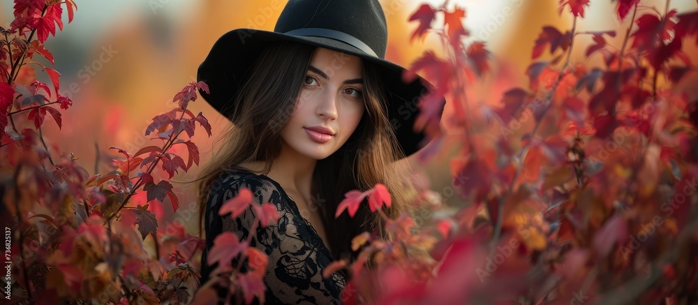 a woman wearing a black hat and a black dress is standing in a bush . High quality a woman wearing a black hat and a black dress is standing in a bush . High quality