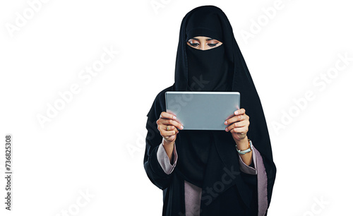 Woman, muslim and burka with tablet for internet communication for isolated, transparent or png background. Female person, islamic and connectivity in Dubai for web, subscription or online shopping