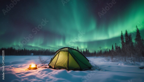 modern camping tent and northern lights landscape in winter, long exposure technique © abu