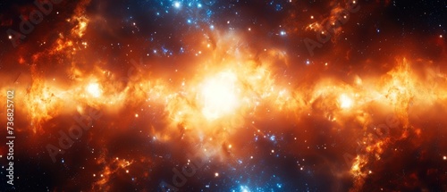 a space filled with lots of stars and a bright orange and blue light coming out of the center of the space.