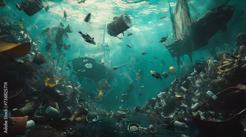 Underwater scene of pollution, sea life amongst plastic waste. environmental crisis depicted with debris in ocean water. AI photo