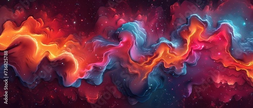 an abstract painting of colorful clouds and stars in a space with a red, blue, yellow, and orange color scheme.