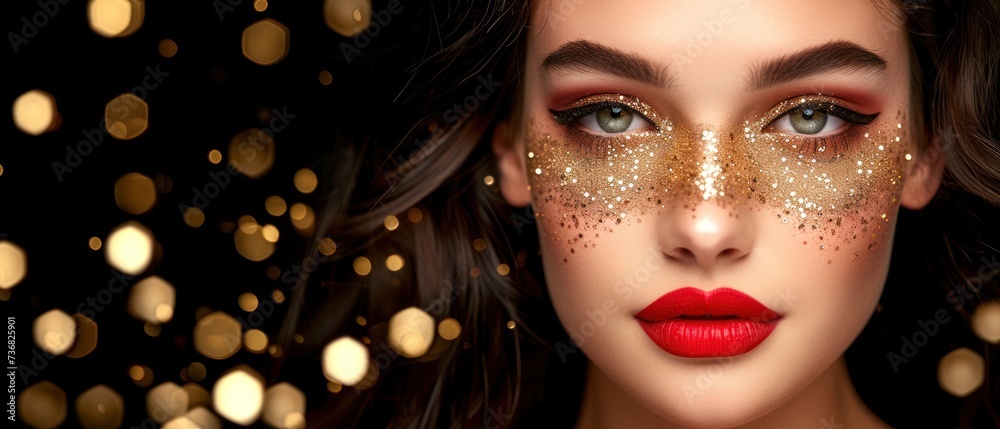a close up of a woman's face with gold confetti on her face and a red lipstick.