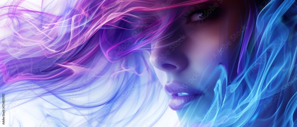 a close up of a woman's face with blue, pink and purple smoke coming out of her mouth. a close up of a woman's face with blue, pink and purple smoke coming out of her mouth.