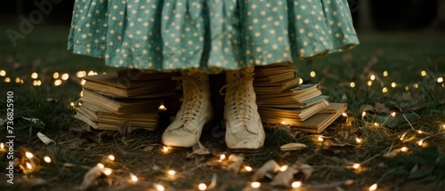 a woman standing on top of a pile of books on top of a lush green field covered in lots of lights. photo