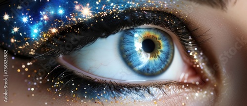 a close up of a person's eye with a blue and yellow eyeliner and stars all over it.