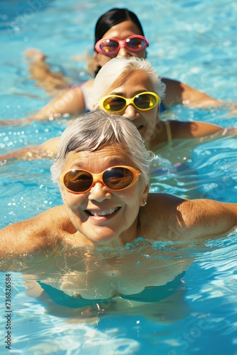 Group activity of women in the pool. A group of retired women of different nationalities are working out in a swimming pool. Women of retirement age in the base.