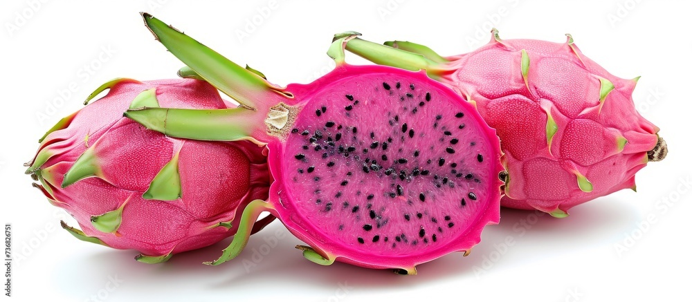 Three dragon fruits, also known as Costa Rican pitahaya, are lined up on a white surface. The magentacolored pitaya is a natural food ingredient from a terrestrial plant Three dragon fruits, also known as Costa Rican pitahaya, are lined up on a white surface. The magentacolored pitaya is a natural food ingredient from a terrestrial plant