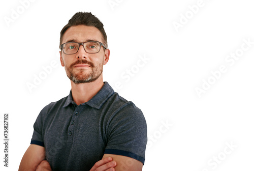 Mature man  face and entrepreneur with vision in glasses  smile and business with smart clothes on png transparent background. Businessman  professional and manager with growth and opportunities.