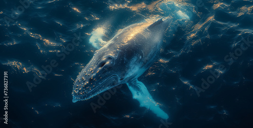 Whale in the deep blue sea. 3D Rendering.3d illustration of an iceberg in the ocean. The concept of global warming,Whale swimming underwater in deep blue sea. 3d illustration.