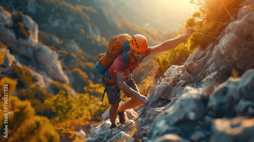 Climber Conquering Rocky Mountain Peak, climber in full gear perseveres up a steep rocky slope, illuminated by the warm golden light of a setting sun, symbolizing determination and adventure