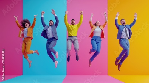 Ecstatic Business Team Celebrating Success  dynamic group of business professionals leaps in jubilation  showcasing teamwork and success on a vibrant turquoise backdrop