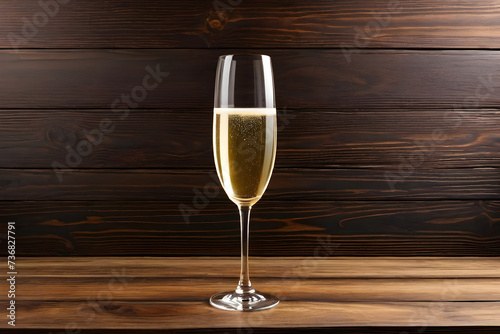 A champagne glass on a simple wooden background, Valentine's Day, Christmas. Generative AI