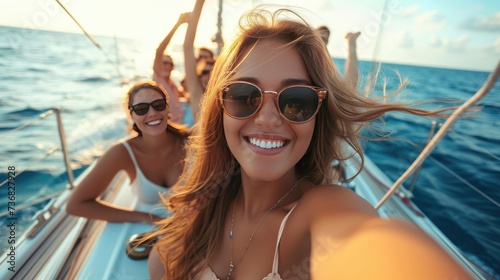 Friends Enjoying a Sailing Trip, cheerful woman takes a selfie with her friends on a boat, capturing the essence of a carefree adventure on the sparkling blue sea