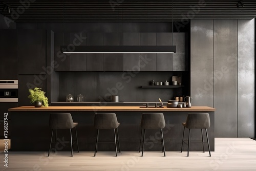 the idea of ​​a minimalist kitchen room with chairs and dining table, kitchen lights above, gives the impression of being clean, neat, comfortable, modern minimalist and elegant