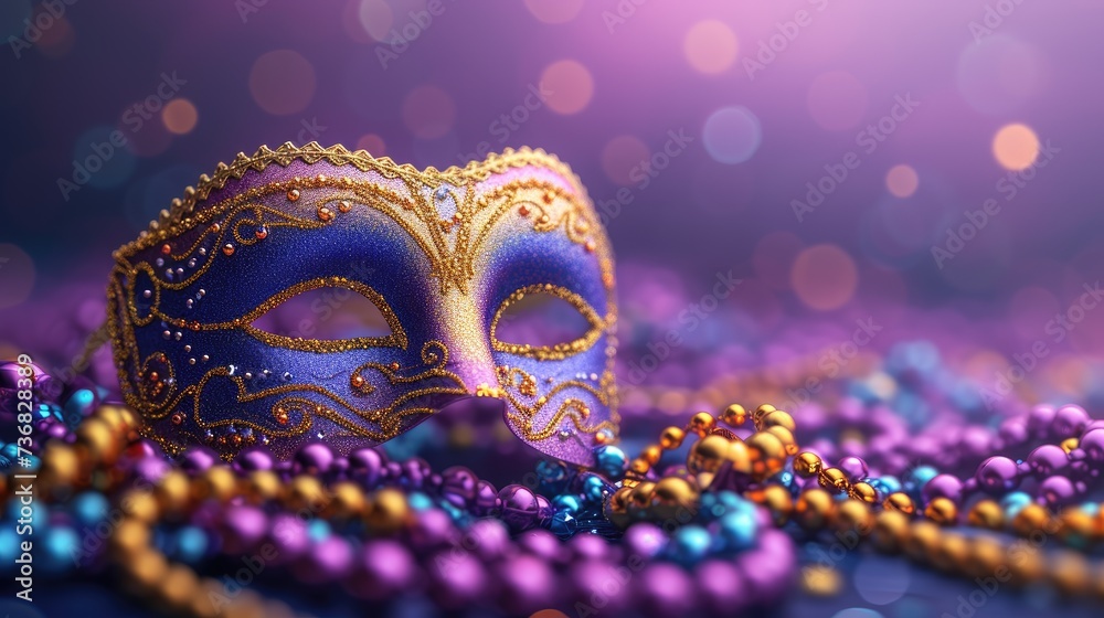 Violet Mardi Gras carnival mask and beads on purple background Violet Mardi Gras carnival mask and beads on purple background