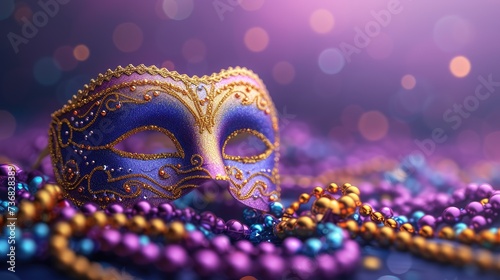 Violet Mardi Gras carnival mask and beads on purple background