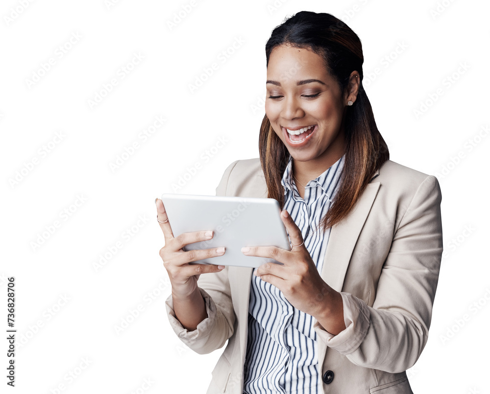 Business woman, happy and tablet for internet research and social media for online networking. IT consultant, positive and reading on technology for email and isolated on transparent png background Business woman, happy and tablet for internet research and social media for online networking. IT consultant, positive and reading on technology for email and isolated on transparent png background