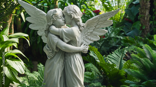 A pair of angels one adorned in robes of jade and the other in shimmering silver embrace in a peaceful moment amidst the Gardens lush greenery.
