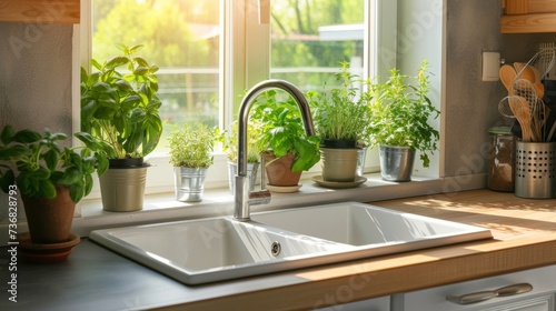 Bright kitchen window sill with a variety of potted herbs, sunny daylight, and a clear sink. Ideal for articles on urban gardening and home decor.