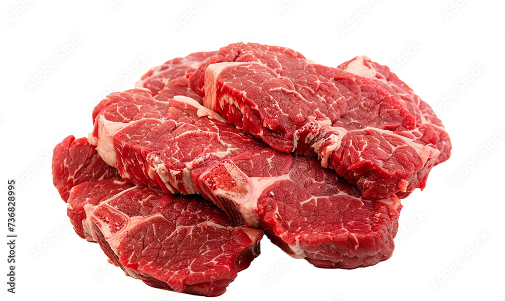 Fresh short loin raw beef steak isolated on white background. Large piece of cow meat filet closeup.
