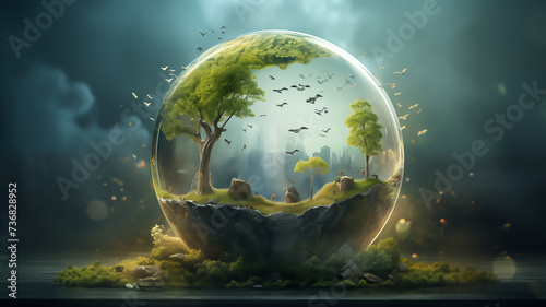 surreal landscape, serene trees and verdant landscape within a crystal sphere, ideal for backgrounds in eco-themed projects and green technology