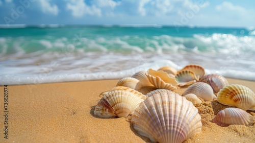 Seashells on golden sand with sea foam, under a bright sky. Suitable for themes of nature, beach life, and summer holidays.