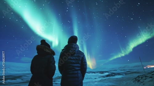 Two people watching the aurora borealis  with snow-covered hills  under a starry sky. Ideal for travel and adventure themes.