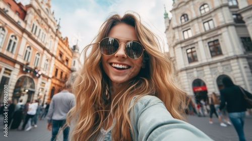 Joyful young woman taking a selfie in an urban street, happiness and lifestyle concept. © mashimara