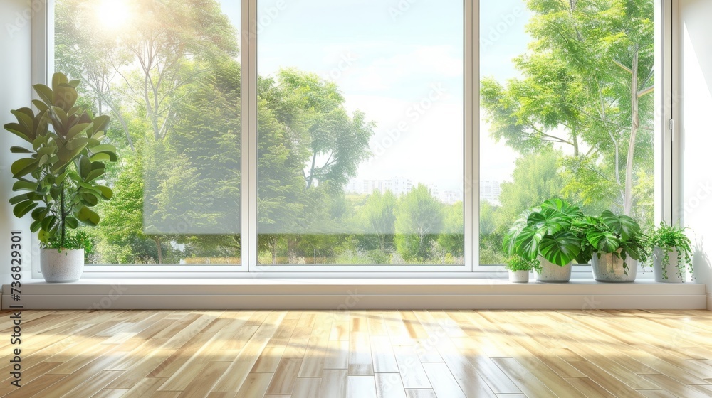 Fototapeta premium Bright room with floor-to-ceiling windows overlooking a lush garden, with potted plants on the sill. Ideal for real estate, architecture, and design.
